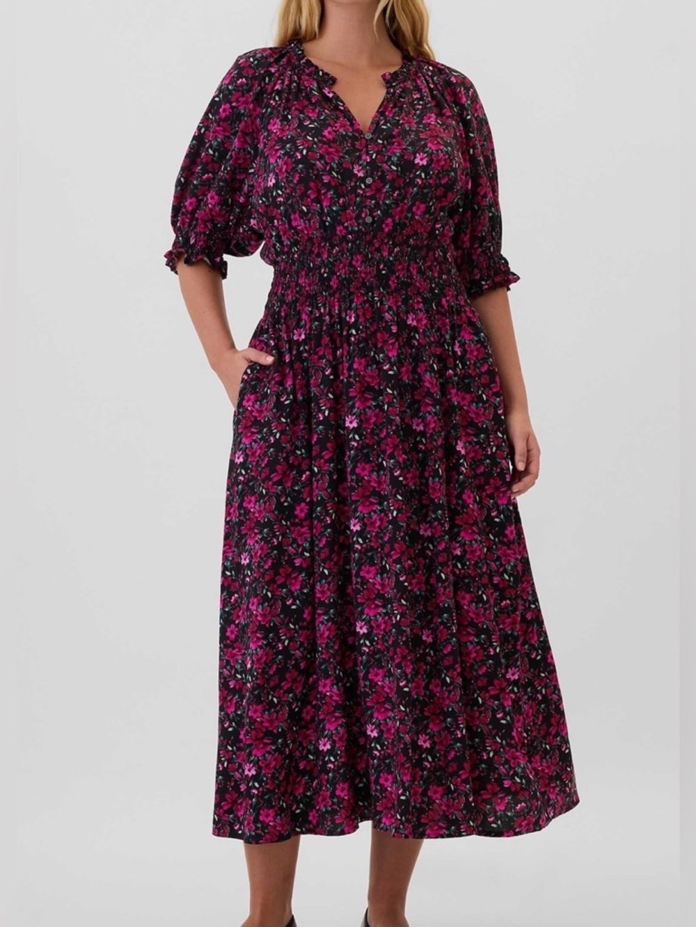 GAP Magenta and Black Floral Shirred Midi Dress